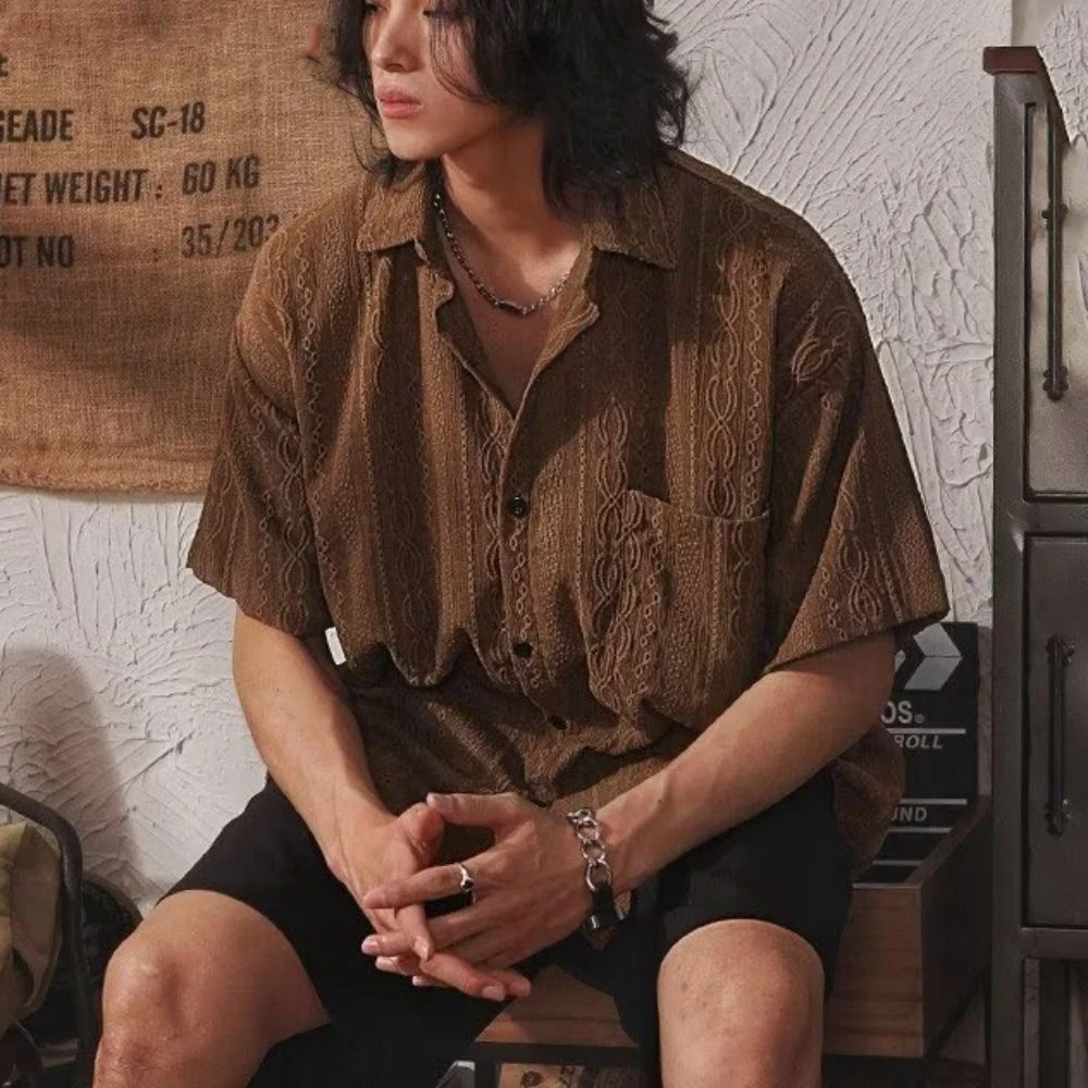 Fashion Retro Men's Floral Blouse Casual Solid Color Short Sleeve Shirts Loose Hollow Out Cardigan Shirts Men Boy