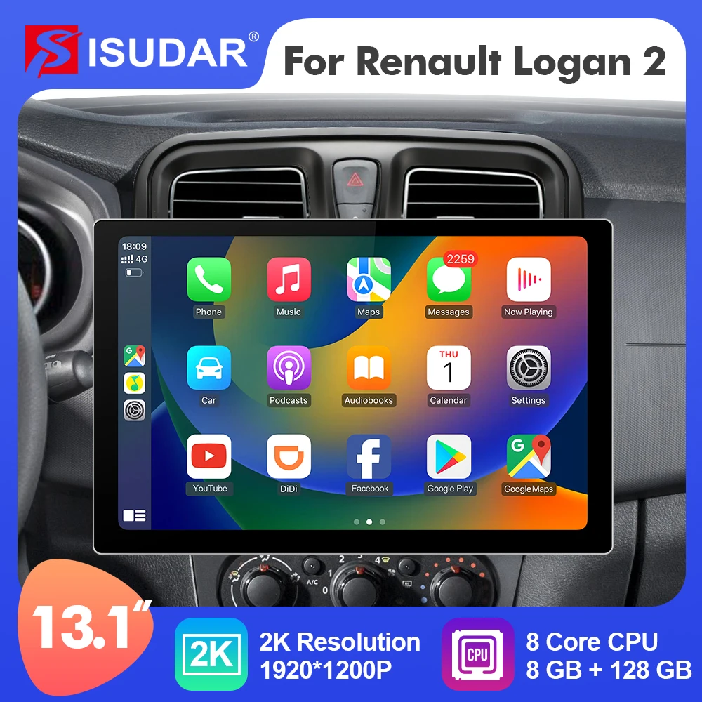 

ISUDAR 2K 13.1 Inch Android 12 Car Radio For Renault Logan 2 2012 - 2019 GPS Multimedia Player Stereo 4G 8 Core Carplay