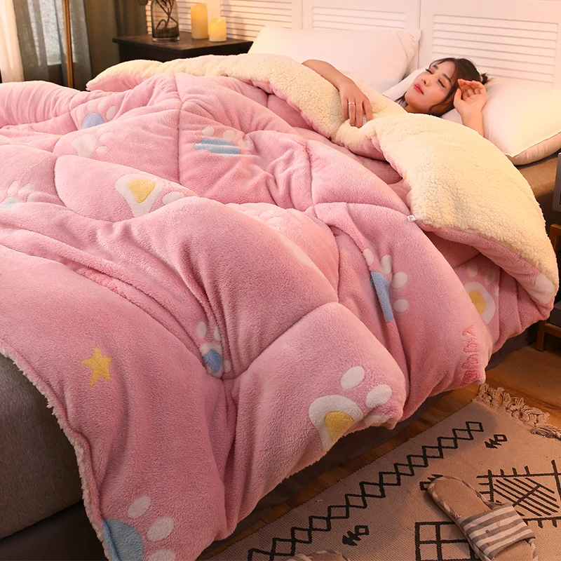 Bed Comforter Lamb velvet super warm quilt winter thickening warm coral fleece blanket bed single double dormitory student flannel comforter