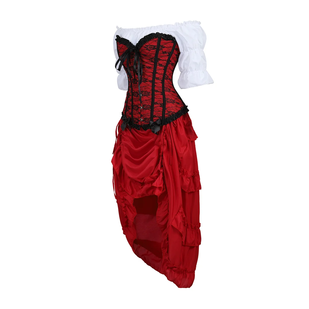 Fashion Locking Corset Mujer Dress Elegant Victorian Bodycon Skirt Sets Sexy Steampunk Party Evening Red Movie Festival Costume