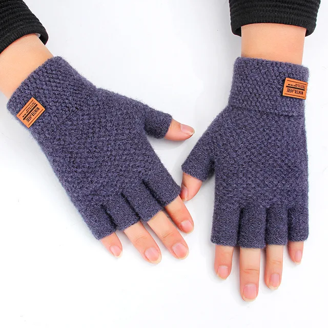 Winter Fingerless Gloves For Men Half Finger Writting Office Knitted Alpaca Wool Warm Leather Label Thick Elastic Driving Gloves 1