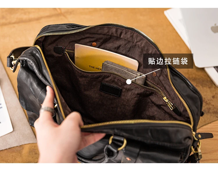 Business handgemachte echtes Leder Männer große Kapazität schwarze Aktentasche Modedesigner Rindsleder Laptop Handtasche Umhängetasche – Detail 4