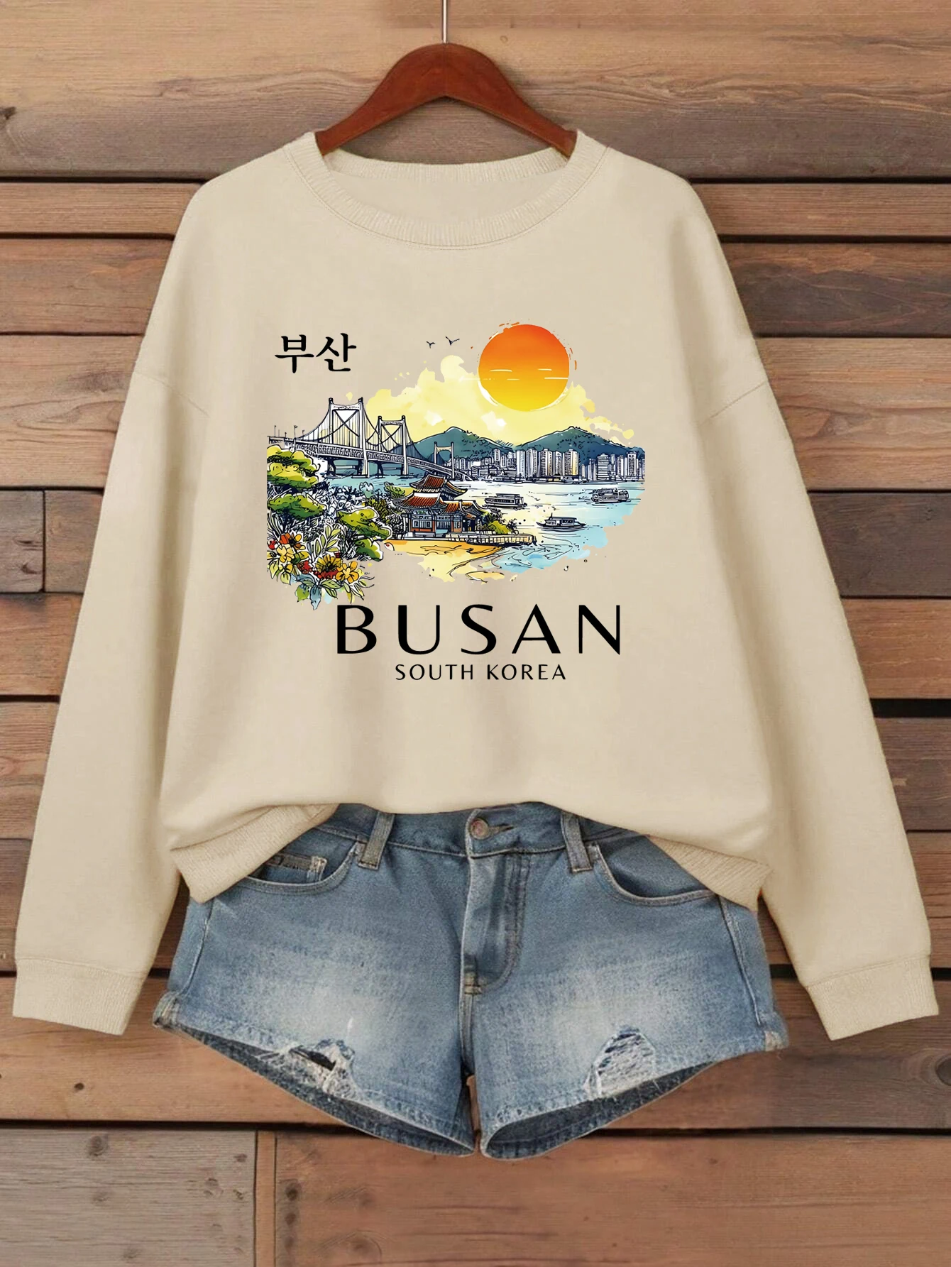 Busan Südkorea Druck Frauen Sweatshirt Fleece Bequeme Pullover Herbst Oansatz Streetwear Lose Beiläufige Frau Kleidung – Detail 9