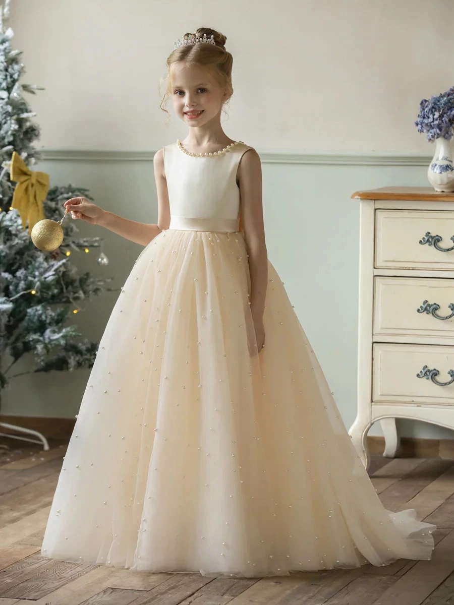 Vestido de niña de flores champán para boda, perlas hinchadas, tul con lazo, vestido de baile hinchado, Cumpleaños de Niños, fiesta de primera comunión