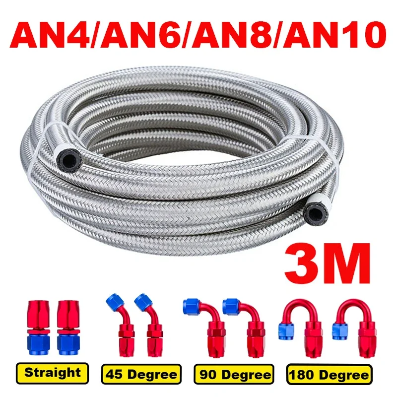 

10FT 3M AN4 AN6 AN8 AN10 Fuel Hose Oil Gas Cooler Hose Line Pipe Tube Stainless Steel Braided Inside CPE Rubber + 8 End Adapters