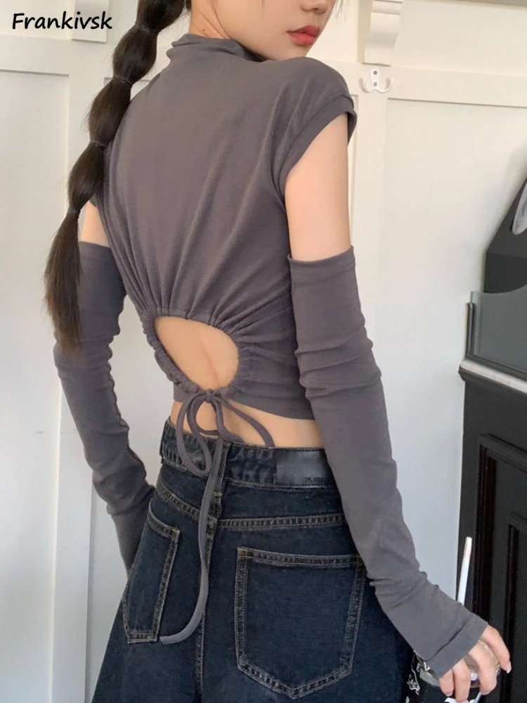 

Long Sleeve T-shirts Women Hollow Out Slim Y2k Sexy Streetwear Spring Fashion Elegant Solid All-match Holiday Stylish Simple Tee
