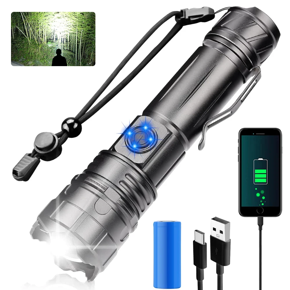Суперъяркая фонарик, перезаряжаемая, 6800 мАч, Type c, USB, масштабируемая фонарик s IPX65, водонепроницаемый ручной фонарик для кемпинга