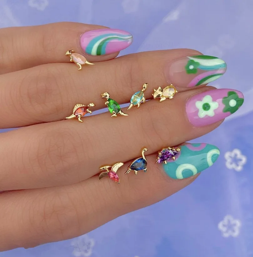 Schöne winzige Dinosaurier Ohr stecker für Frauen Gold Farbe Wasser tropfen Stein blau grün gelb rosa Zirkon kleine Ohr stecker Schmuck