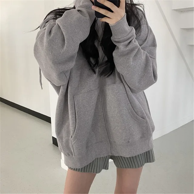 Harajuku Women Sweatshirts Korean Version Oversized Solid Zip Up Hoodies Jacket Retro Long Sleeve Fleece Hooded Sweatshirt Coats 4