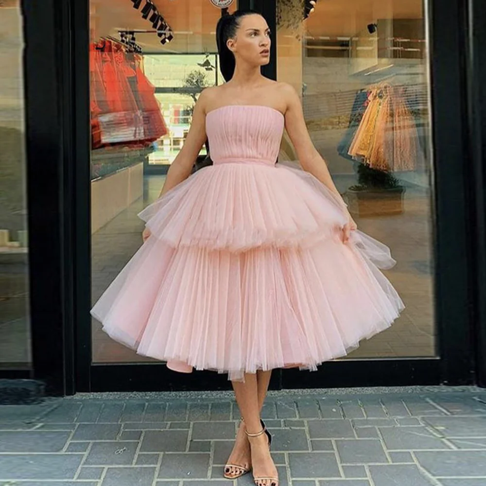 

Modest Boat Collar Tulle Tiered Puffy Formal Prom Dress A-line Tea-Length Backless Evening Prom Holiday Gown vestidos de festa