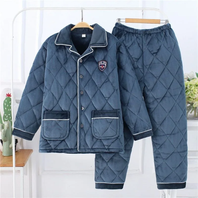 2023 new Men's Warm Three-layer Plush Thickened Loose nightwear Oversized sleepwear Medium Length Winter Set Cotton Pajamas