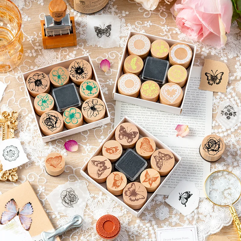 Creative Wooden Cylinder Stamp Set Butterfly Dance Among Flowers Series Diary Photo Album DIY Handbook Stamp Single Optional wooden stamps decorative stamps