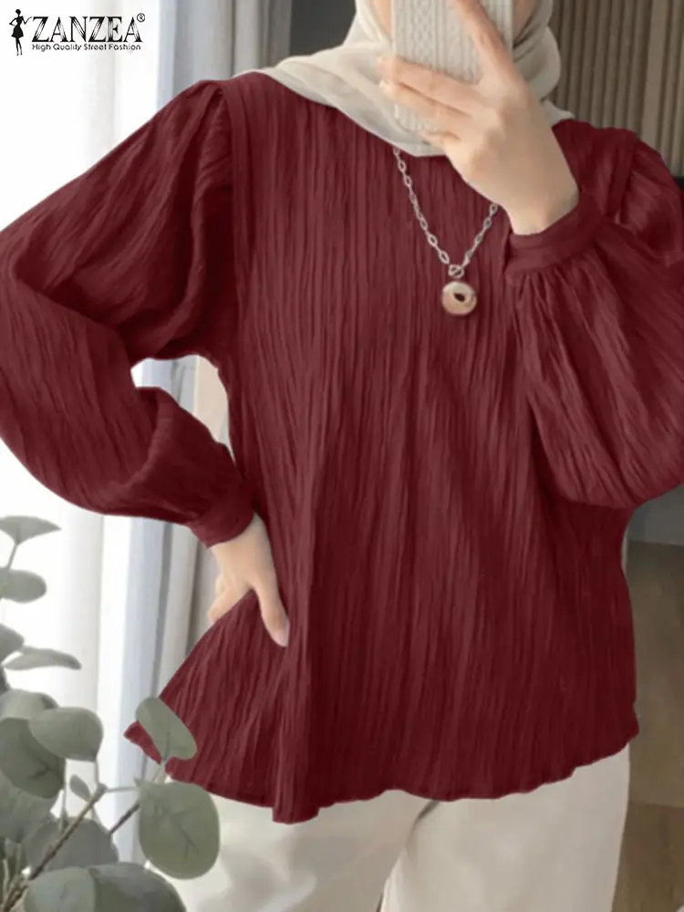 

Muslim Tops For Women Autumn Fashion Blouse ZANZEA Long Sleeve Casual Solid Shirt Ramadan Abaya Turkey Kaftan Islam Clothing