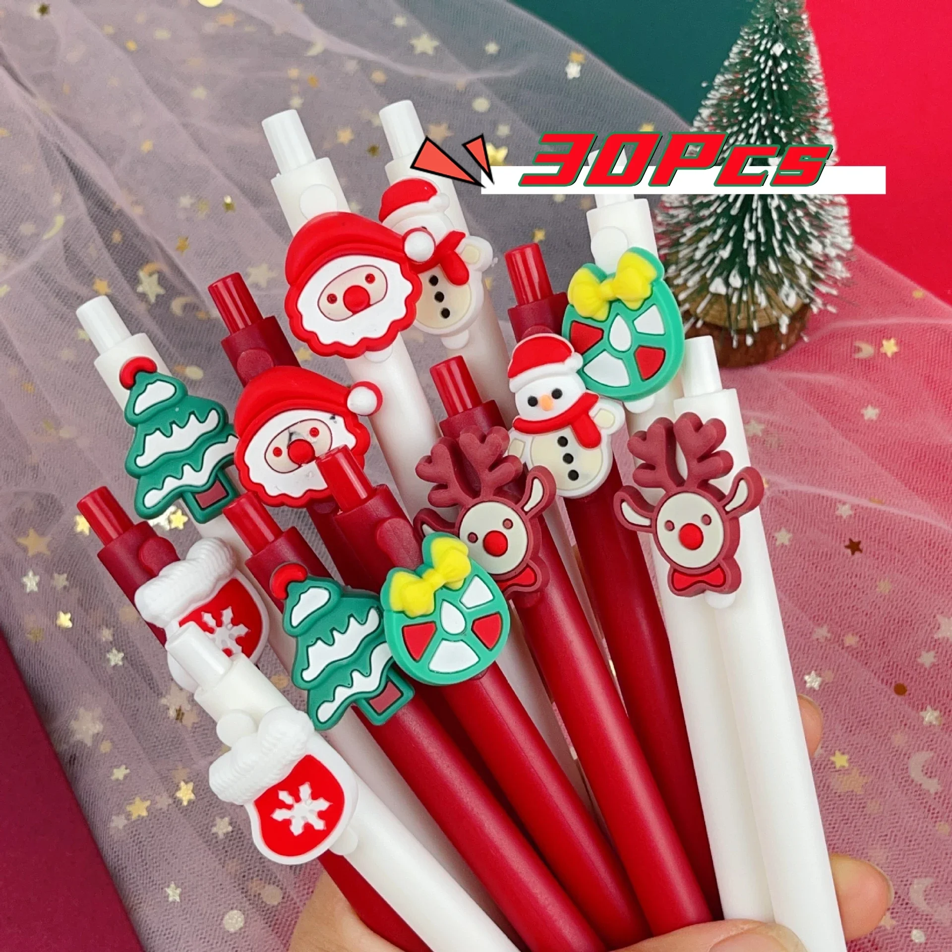 

30Pcs Cute Christmas Series Gel Pen Kawaii Cartoon Retractable Neutral Pens 0.5mm Black Ink Signature Office School Stationey