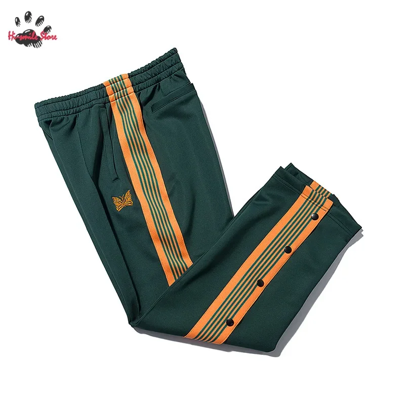

Butterfly Embroidery Logo AWGE Needles Pants Men Woman Spring Casual Buttons Side Webbing Striped Stretch Rope Trousers