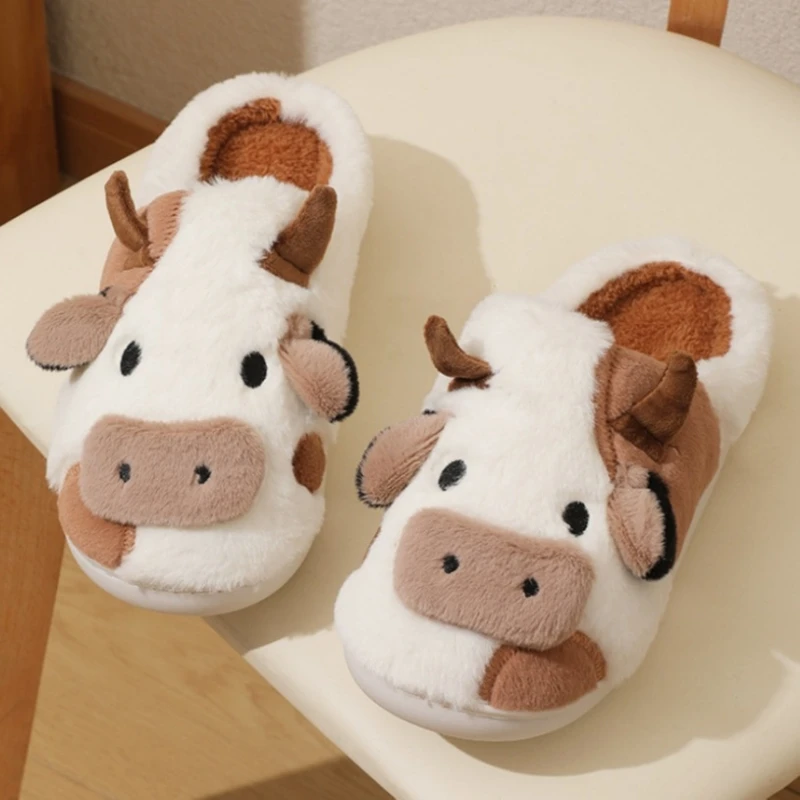 2024 Winter Warm Milk Cow Women Slippers Men Cute Soft Plush Sandals Adults Lovely Non-slip Flip Flops Couples Home Flat Slides 3