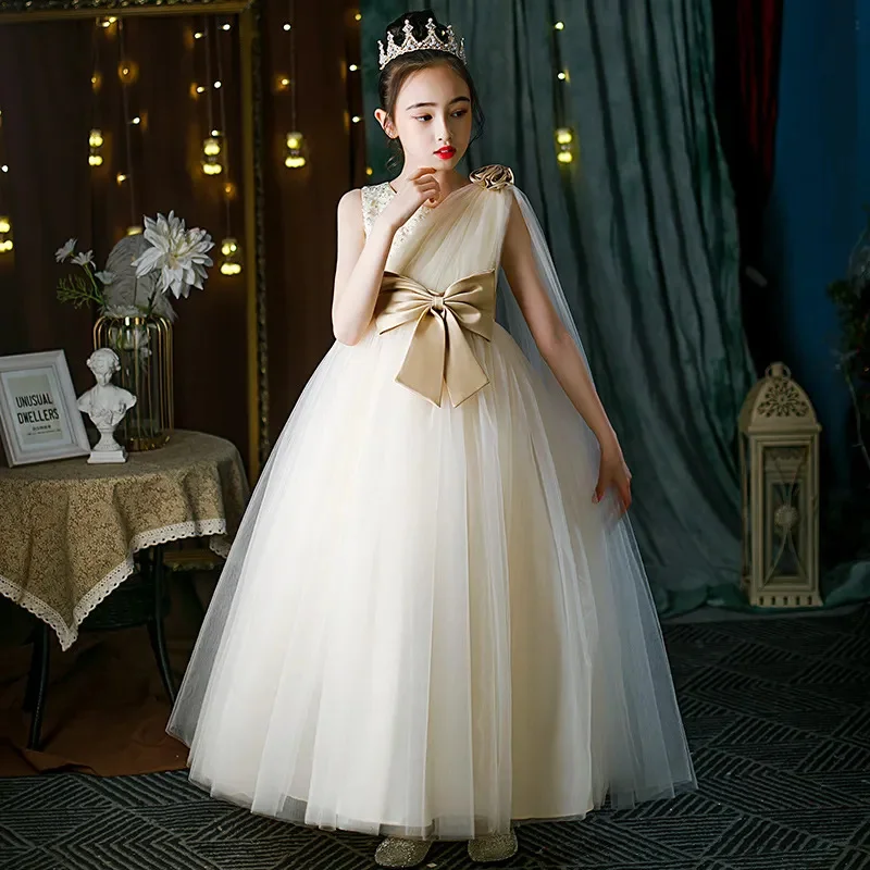 

Flower Girls Formal Tutu Dress Canonicals 2024 New Wedding Catwalk Elegant Mesh Bow Piano Children'S Performance Host Costume