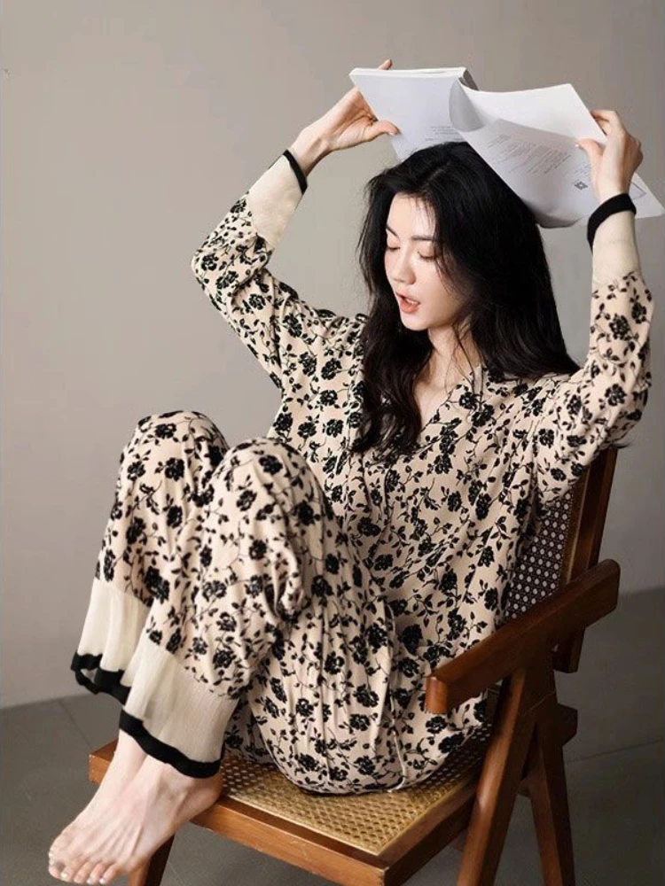 

Женский пижамный комплект, Элегантный Модный корейский Кардиган, одежда для сна, длинные брюки с длинным рукавом, хлопковая домашняя одежда для отдыха на весну и осень