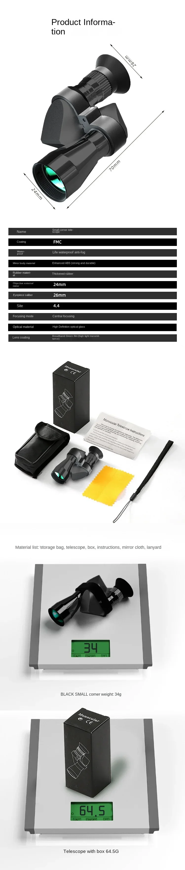 Portable high-definition monocular telescope with high magnification zoom, hunti