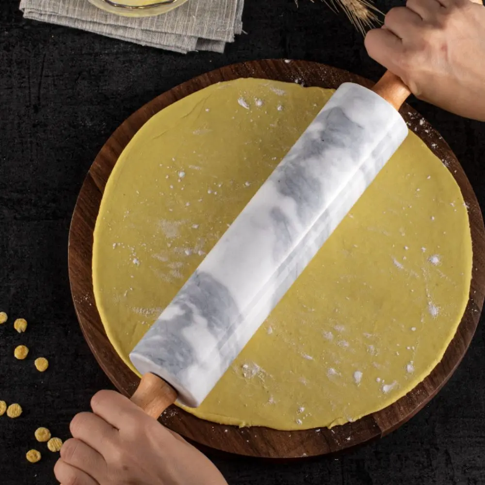 Practical Wooden Handle Marble Rolling Pin Smooth Surface Nonstick Dough Roller with Storage Base Rolled-out Dough Stick Fondant