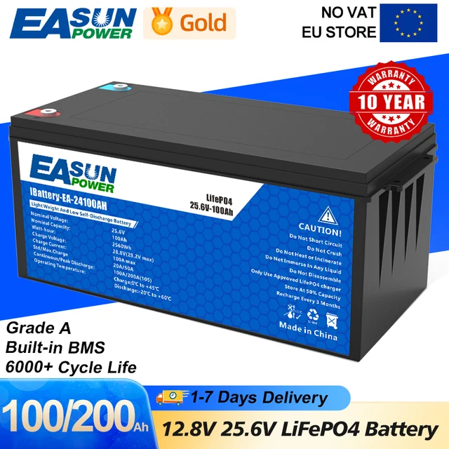 EASUN POWER-Batterie Rechargeable au Lithium VEFEPO4, BatBR Pack pour Camping-Car, Solaire, Pas de Taxe, 50Ah, 100Ah, 200Ah, 12V, 24V, BMS 1