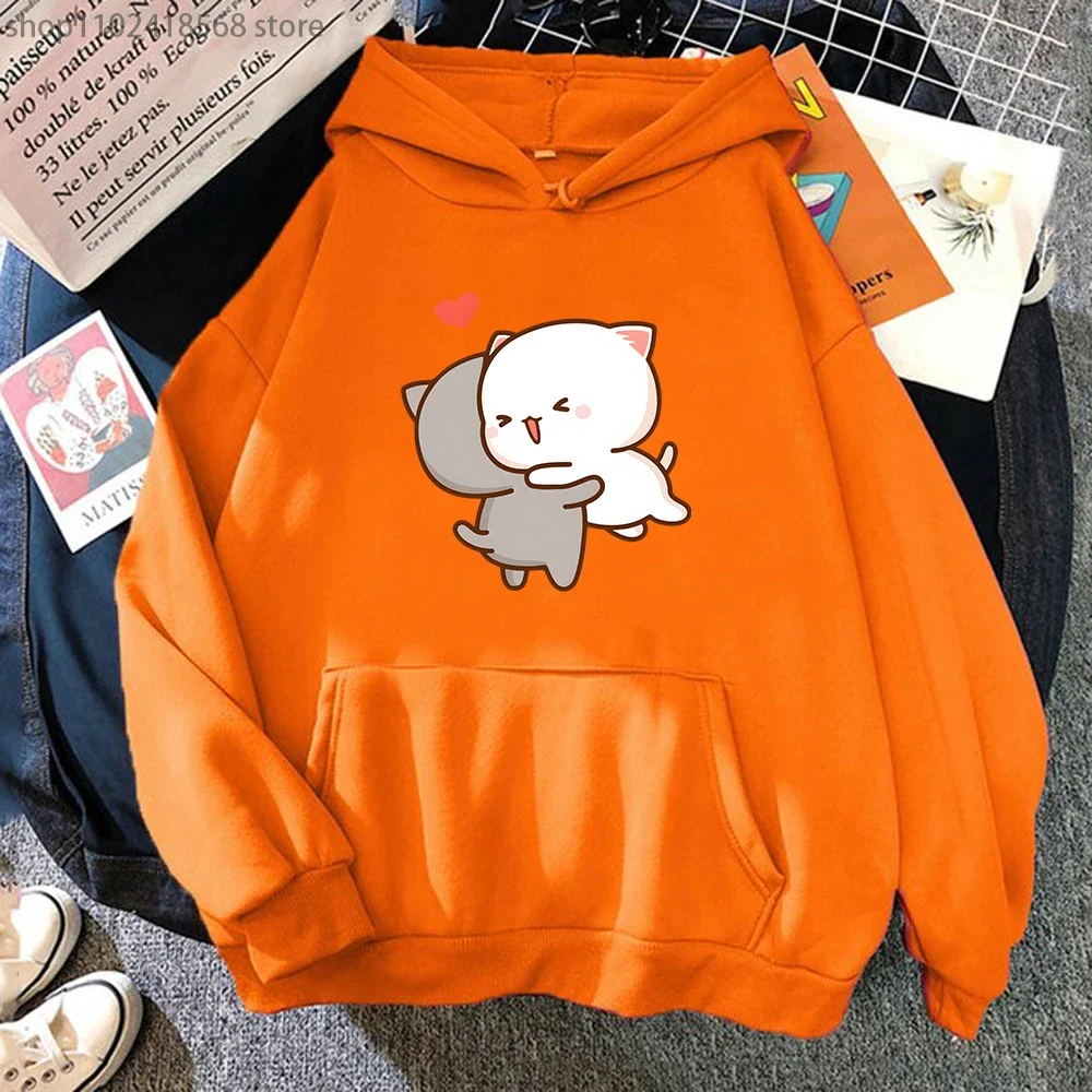 Peach And Goma Mochi Cat Love Print Hoodie Women Kawaii Cartoon Sweatshirt for Girls Casual Long Sleeve Autumn Fashion Men Tops