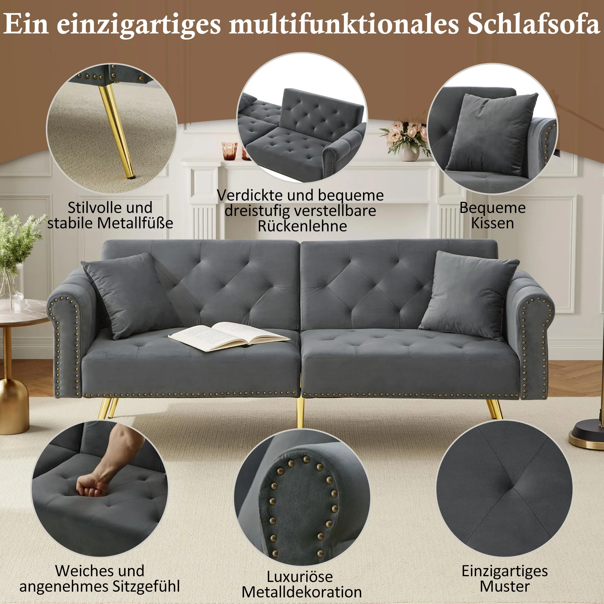 KOMHTOM 2 Sitzer Schlafsofa Mit Samtbezug Rückenlehne 3 Stufiger Verstellung Und Vergoldeten Metallfüßen Sofa Mit Schlaffunktion – Detail 15