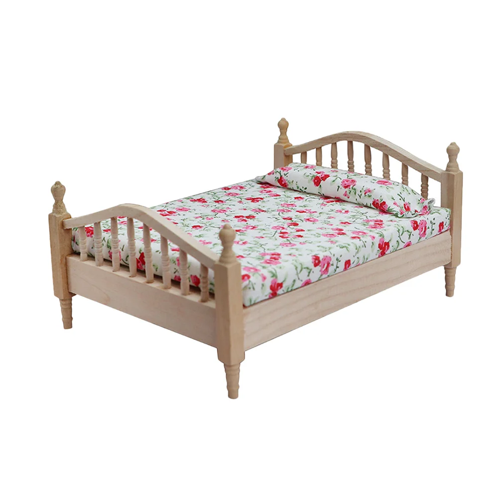 

Double Bed Floral Wooden Miniature Model Kid Bedroom Decor House Furniture
