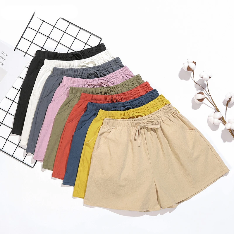 

Women Shorts Spring Summer 2023 Loose Linen Cotton Solid Casual Korean Wide Leg Pant Drawstring Elastic Waist Bikers Shorts