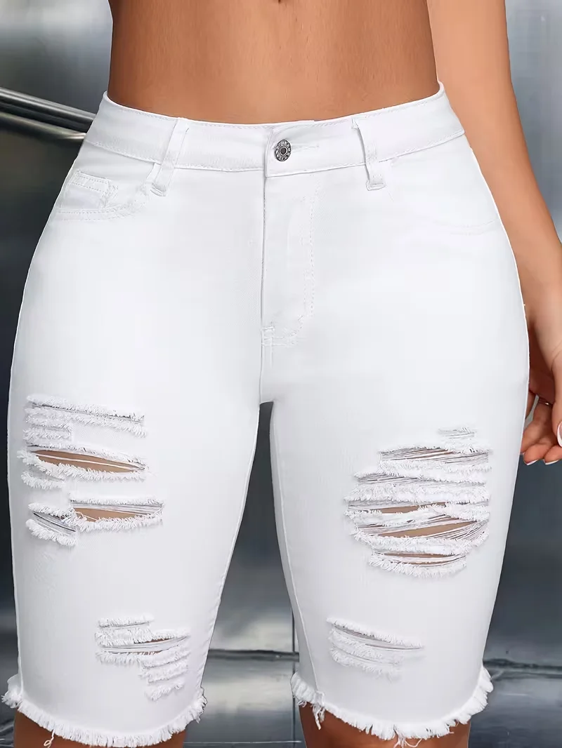 Zerrissene Enge Weiße Denim-Shorts für Damen Sexy Schlanke Elastische Hip-Hop Loch-Shorts Weibliche Mode Y2K Street Knielange Hosen – Detail 5