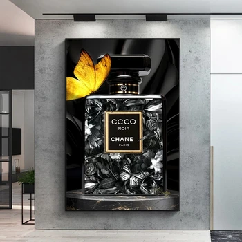 Affiche de peinture sur toile papillon jaune bouteille de parfum noir, art mural de luxe, gérer l'art moderne, décor à la maison de salon, mode