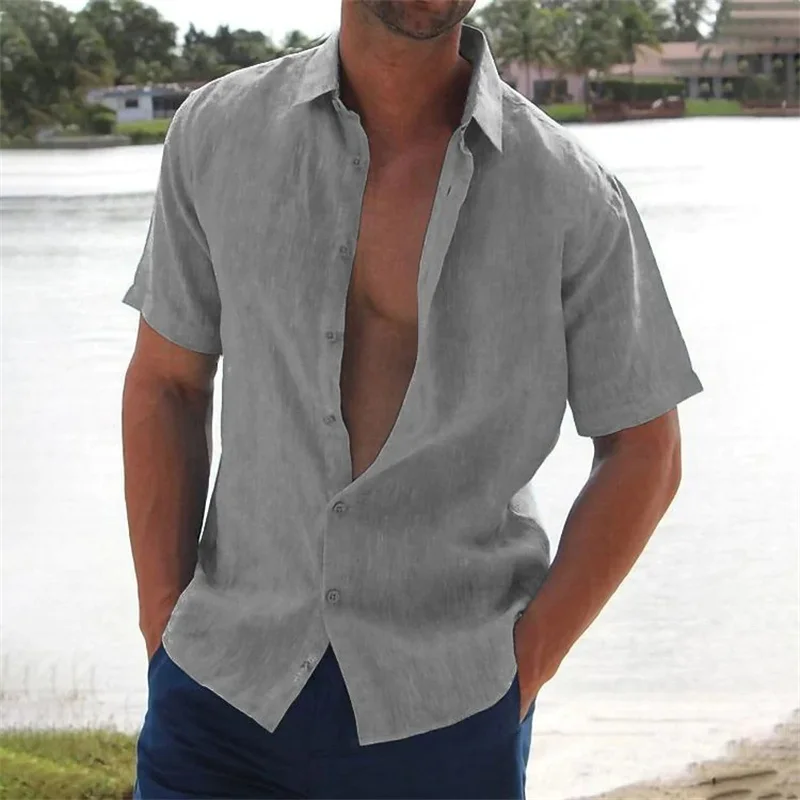 2024 summer explosive men's fashion casual shirt cotton linen lapel knitted cardigan trend slim solid color short-sleeved men's 5