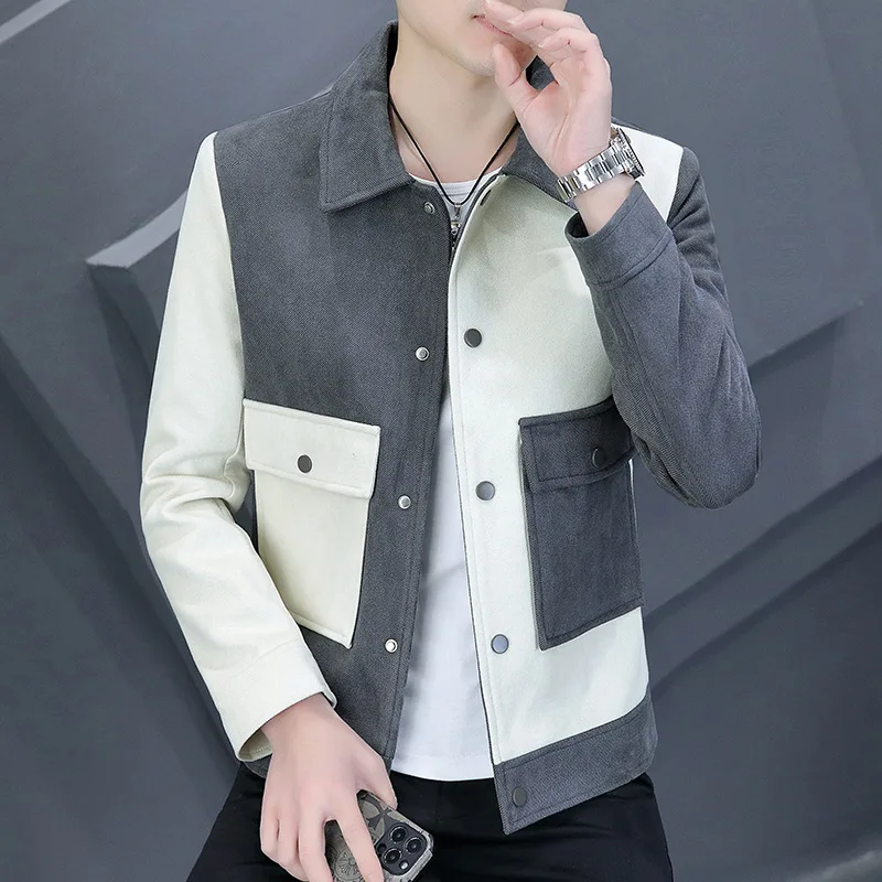 

Heavy Patchwork Block Lined Jacket Slim Short V Neck With Single Button Men's Jacket