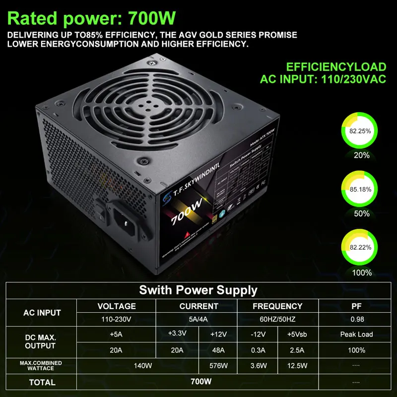 T.F.SKYWINDINTL PC 전원 공급 장치 700 와트 전원 공급 장치 검정색 게임용 조용한 120mm 팬 24핀 12V ATX ??데스크탑 컴퓨터 PSU