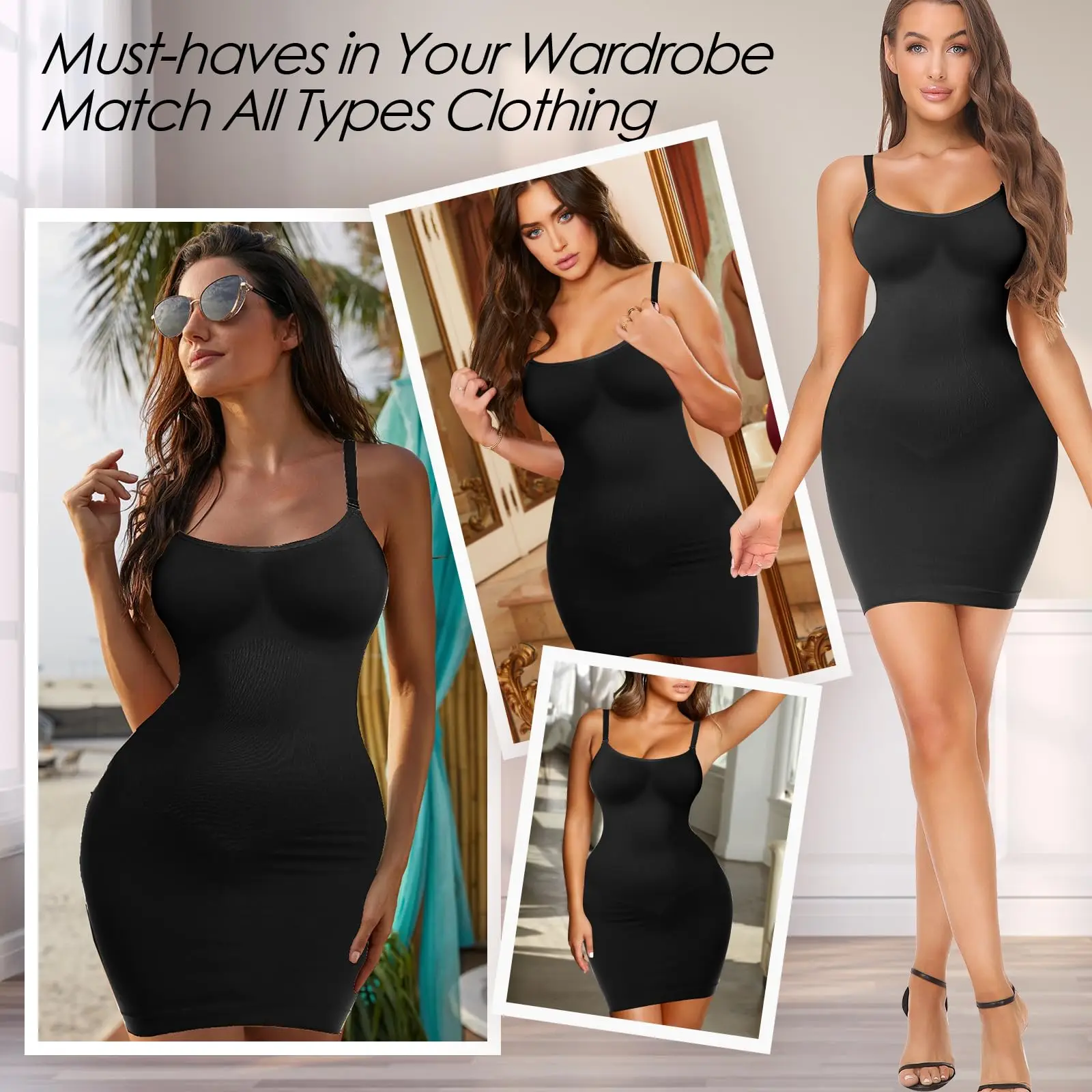 Body Shaper Women Slips Under Dresses Tummy Control Seamless Spaghetti Strap Cami Dress