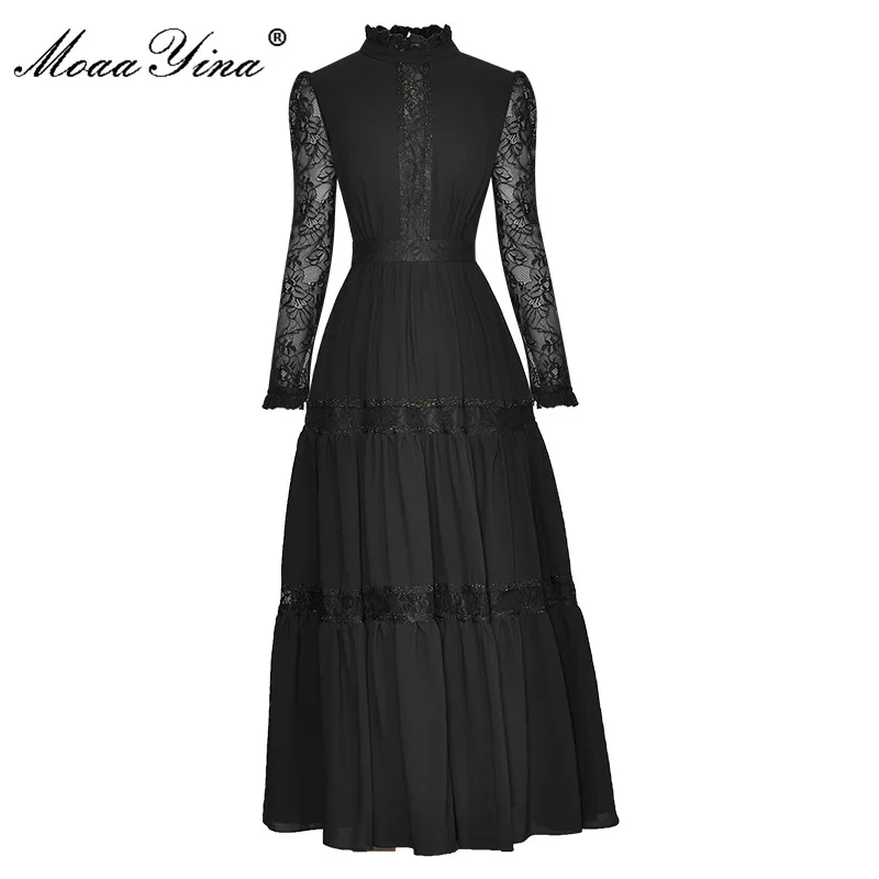 MoaaYina Fashion Designer dress Autumn Women's Dress stand collar Lace
