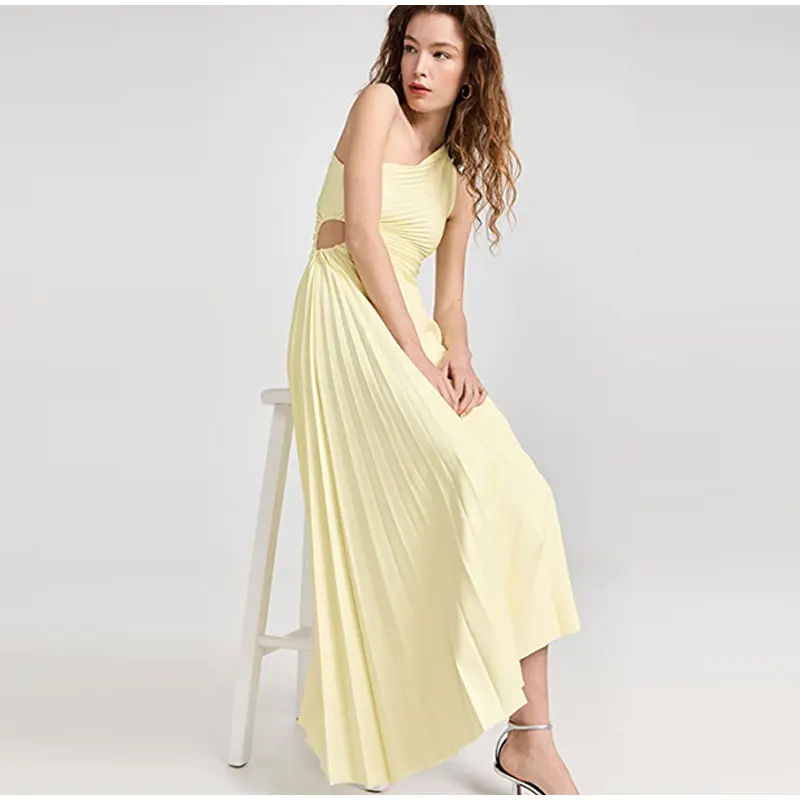 Elegant Printed Pleated Satin Maxi Dress For Women Summer Side Cut Out Sleeveless Ruffles Vestidos Diagonal Collar Holiday Robe