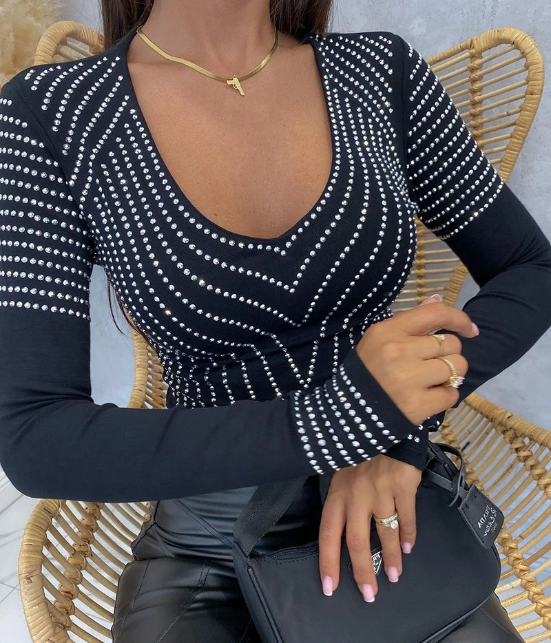 

Solid Shirt for Women Streetwear 2023 Autumn New Fashion Pullover Decoration Sexy Tight Fitting U-neck Princess Sleeve Tops