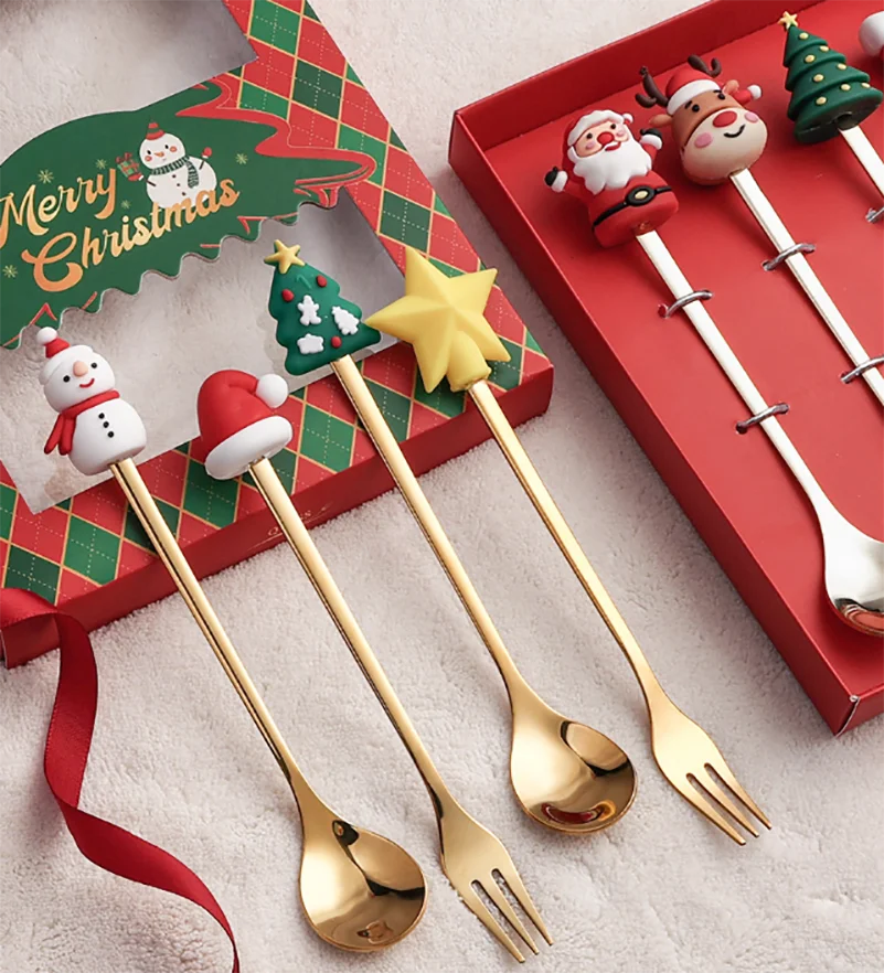 4pcs Christmas Spoon Fork Set Christmas Cutlery Gift Snowman Elk Coffee  Spoon Dessert Fruit Fork 2023 2024 New Year Tableware De - AliExpress