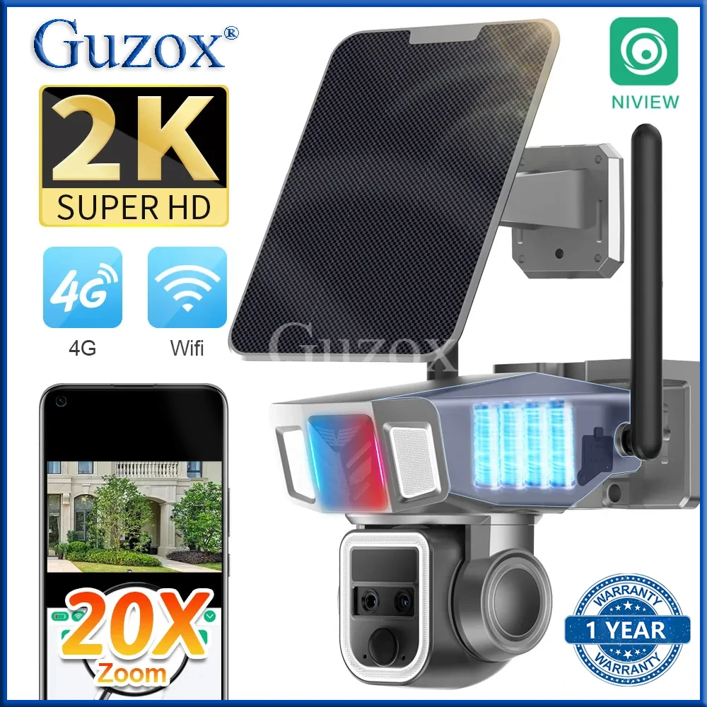 

Guzox 20X Zoom PTZ Cam 2K 4MP WiFi Solar Security Camera IP66 Outdoor 4G Dual Lens Human Auto Tracking P2P Survelliance Camera