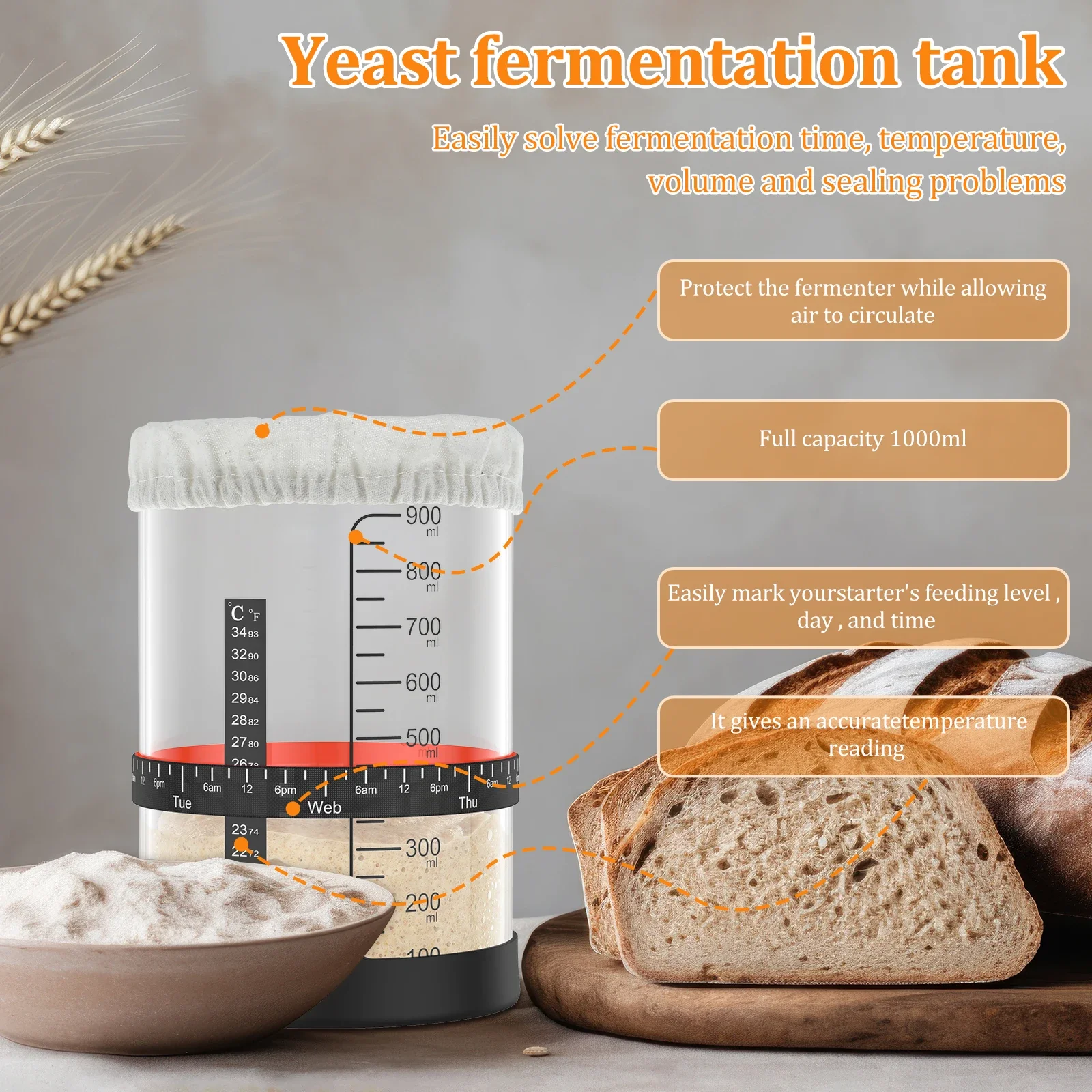 5Pcs Sourdough Starter Jar Kit 1000ml Large Capacity Sourdough Starter Container with Silicone Lid Spatula Feeding Band Reusable