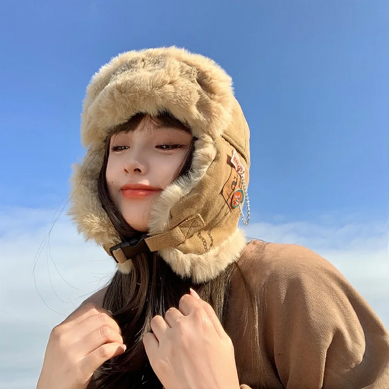 Winter Outdoor Men Russian Pilot Hat Women's Fashion Bomber Hat with Labeling Letter Cotton Faux Fur Soft Warm Trapper