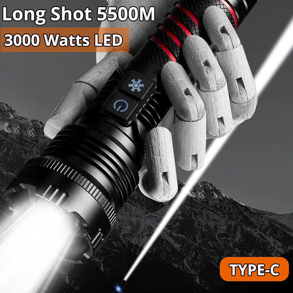 

8800000LM Most Powerful LED Flashlight 3000Watt TYPE-C Rechargeable Torch High Power Flashlight Tactical Lantern Shot Long 5500M