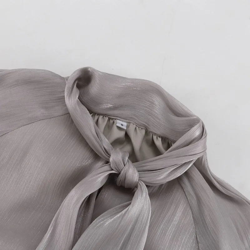 Nuovo Elegante Abito Lungo da Sera/Cerimonia da Donna 2026 con Volant, in Chiffon Lucido, a Maniche Lunghe, con Cintura Annodata e Strati - immagine 5