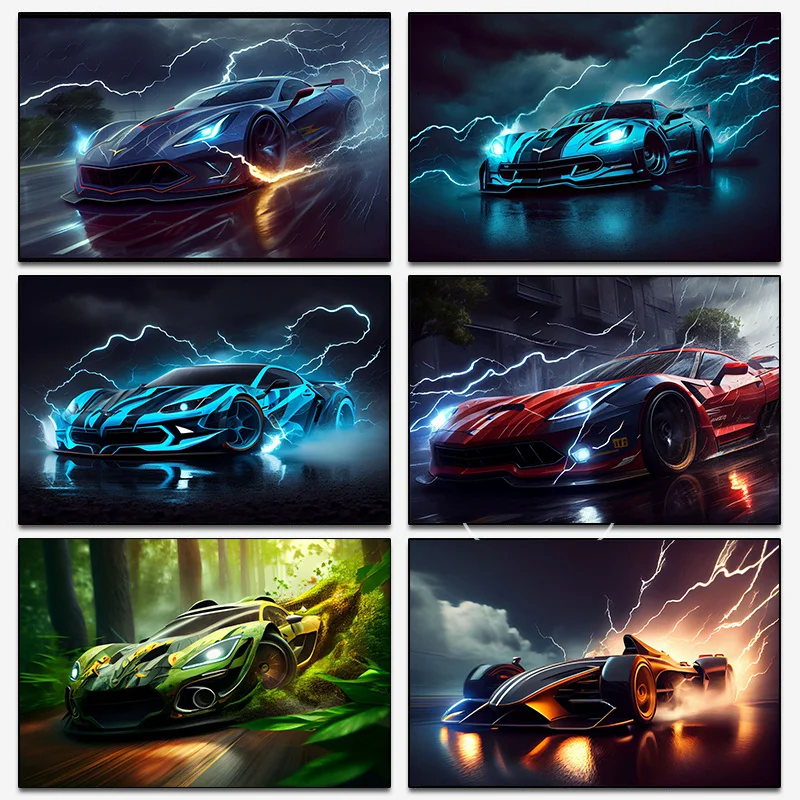 

and Car Luxury Sports Lightning Abstract Poster Canvas Painting and Print Wall Art Modern Picture for Room Wall Home Decoration