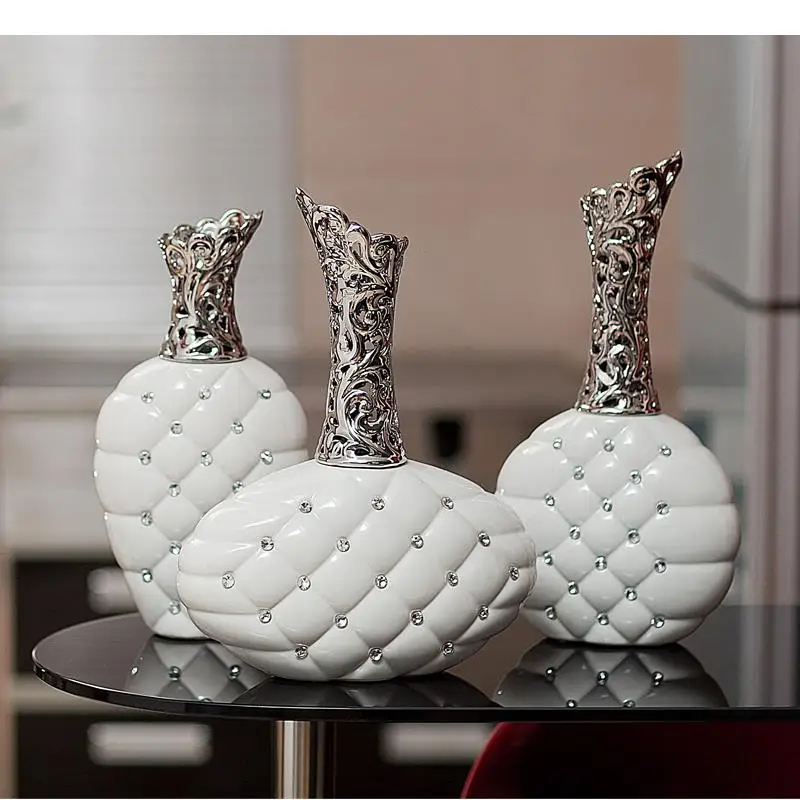 

Creativity White Silver Diamond Ceramic Vase Living Room Desktop Decorations Wedding Gifts Modern Home Decoration Accessories