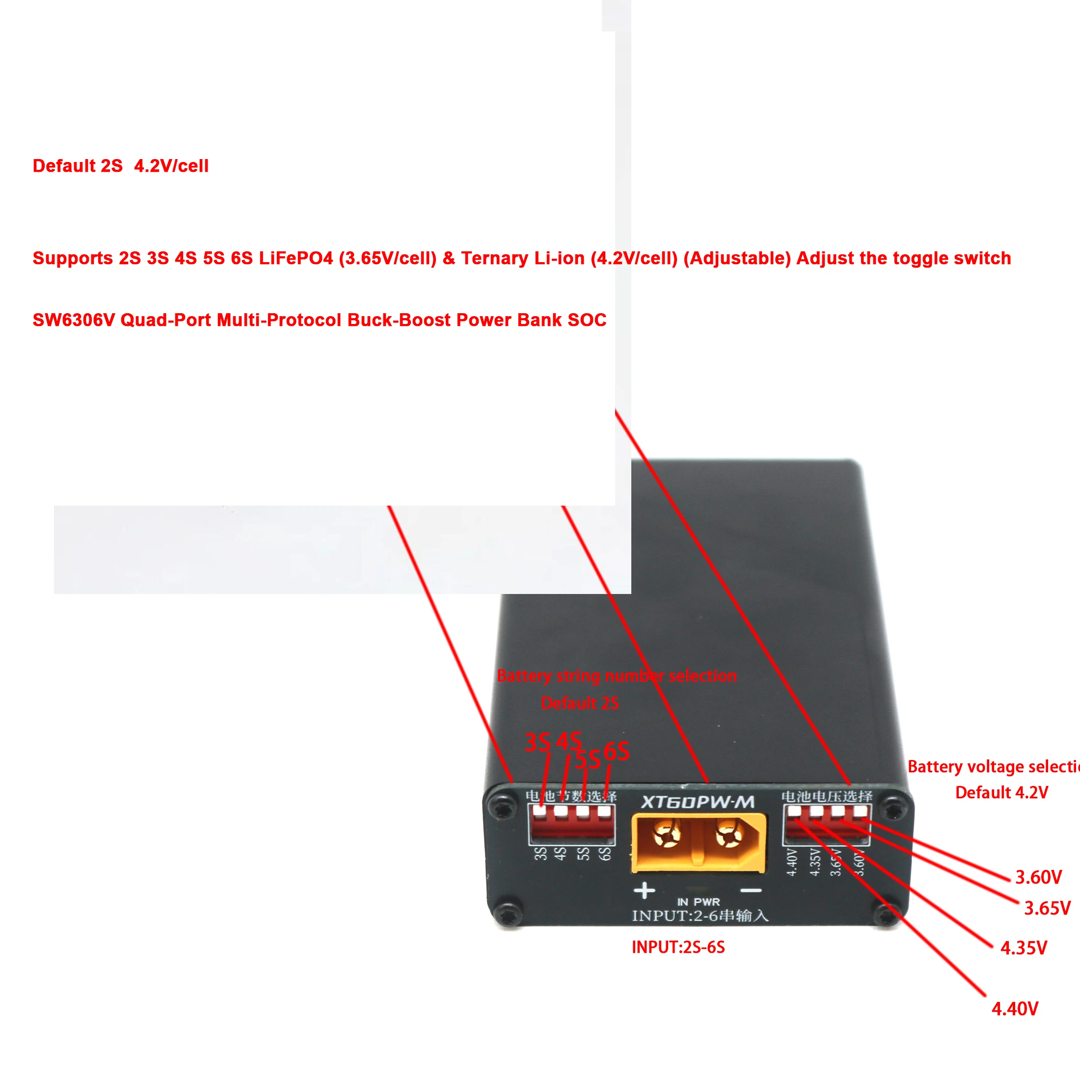 Modulo di ricarica e scarica batterie al litio PD3.1 100W 2S~6S per batterie Li-ion LiFePO4 3S 4S 5S con BMS e caricatore USB TYPE-C DC XT60 - Image 6