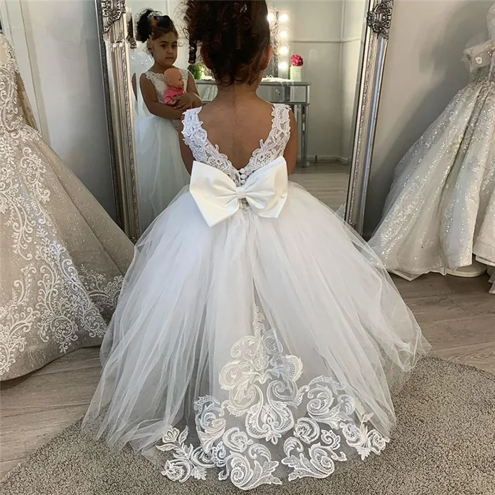 White Bridesmaid Dresses Girls Flower Girl Dresses Ball Gown Kids Wedding Party Pageant First Communion Gown Big Bow Sleeveless