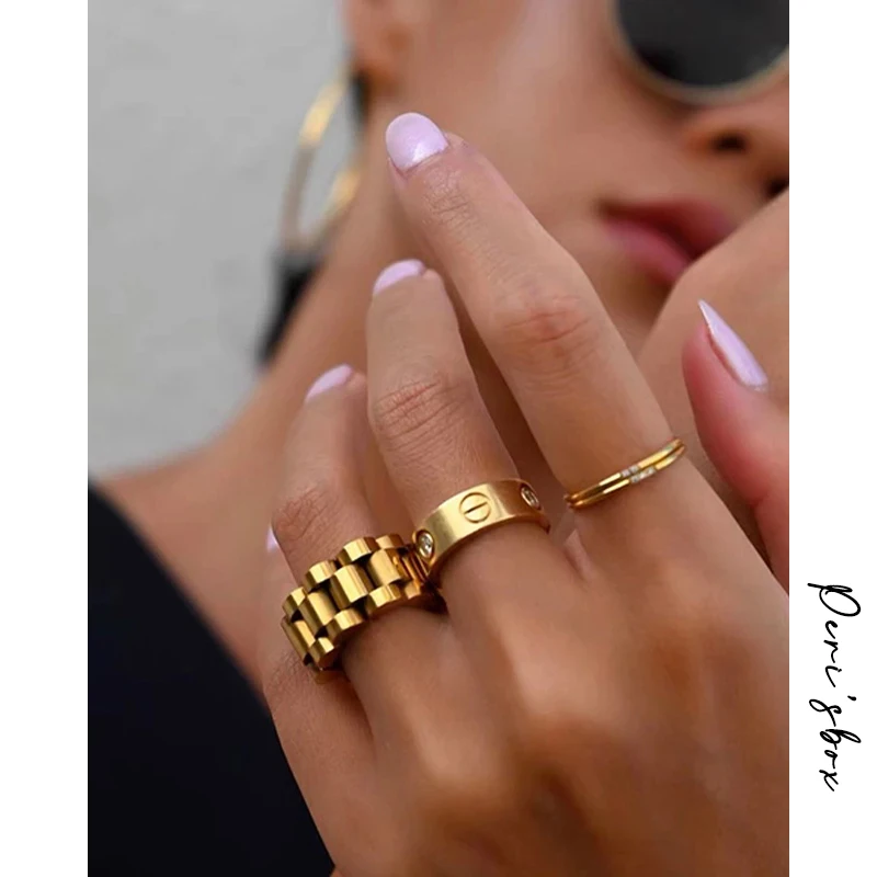 Peri'sbox Solid Gold Color Bold Wide Thick Ring for Women Chunky Link Chain Titanium Steel Strap Finger Rings Jewelry, gold color rings, finger ring, gold color ring, chain ring