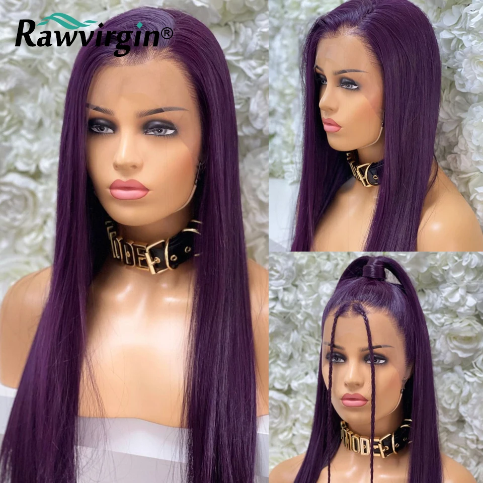 

34Inch 13X6 Lace Front Wig Human Hair Dark Violet Purple Colored 13x4 Straight HD Transparent Lace Frontal Wigs 180% RawVirgin